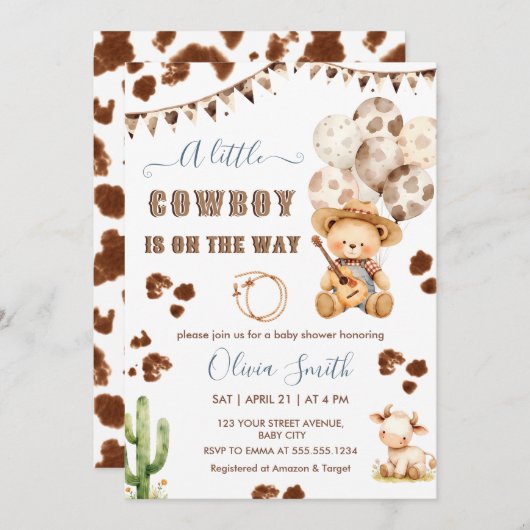 小さなカウボーイ西テディベア赤ちゃんシャワー 招待状 (正面/裏面)