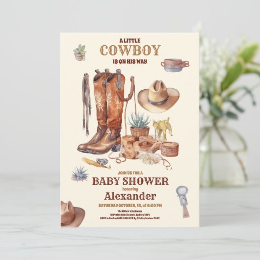 小さなカウボーイ西モダンロデオ赤ちゃんシャワー 招待状 (スタンド正面)