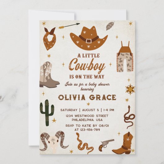 小さなカウボーイ西モダンロデオ赤ちゃんシャワー 招待状 (正面)