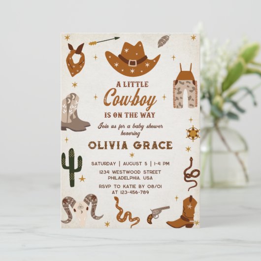 小さなカウボーイ西モダンロデオ赤ちゃんシャワー 招待状 (スタンド正面)