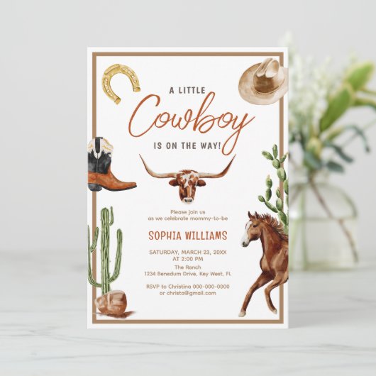 小さなカウボーイ西モダンロデオ赤ちゃんシャワー 招待状 (スタンド正面)