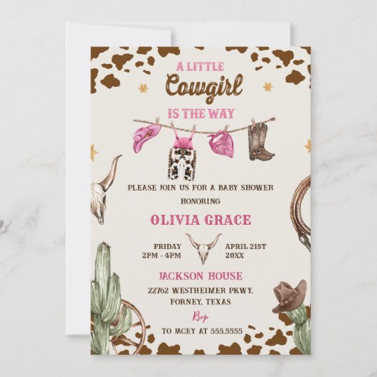 小さなカウボーイ西部の女の子の赤ちゃんシャワーパーティー 招待状 (正面)