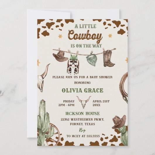 小さなカウボーイ西部の少年の赤ちゃんシャワーパーティー 招待状 (正面)
