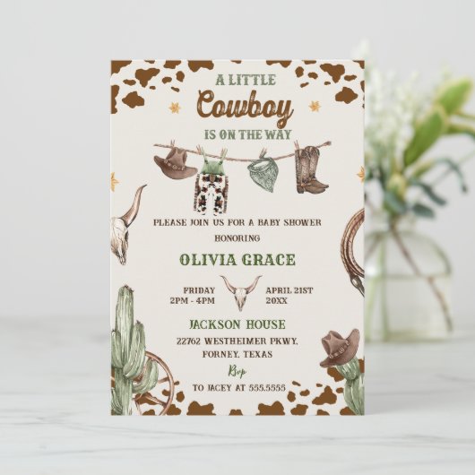 小さなカウボーイ西部の少年の赤ちゃんシャワーパーティー 招待状 (スタンド正面)