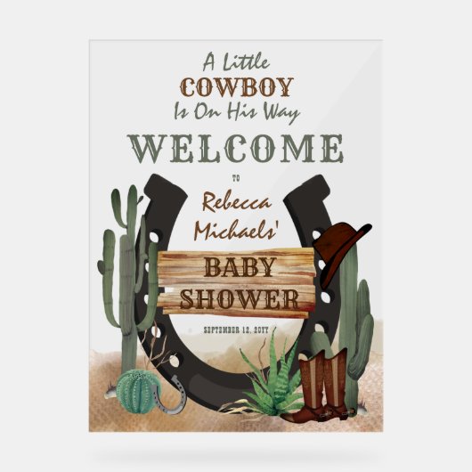 小さなカウボーイ西部の少年の赤ちゃんシャワー アクリルサイン (正面)