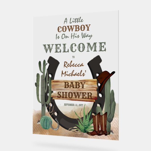 小さなカウボーイ西部の少年の赤ちゃんシャワー アクリルサイン (傾斜)