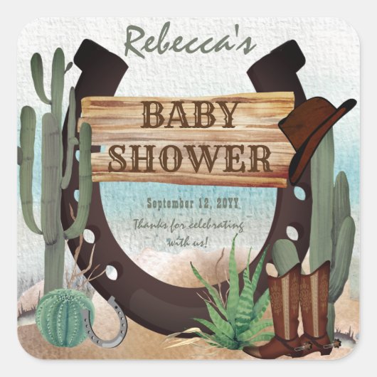小さなカウボーイ西部の少年の赤ちゃんシャワー スクエアシール (正面)