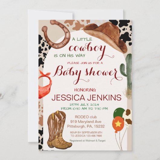 小さなカウボーイ西部の少年の赤ちゃんシャワー 招待状 (正面)