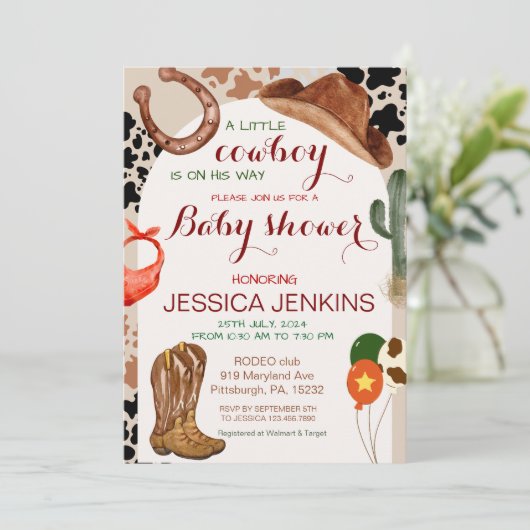 小さなカウボーイ西部の少年の赤ちゃんシャワー 招待状 (スタンド正面)