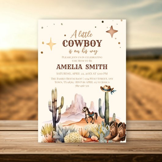 小さなカウボーイ西部の男の子の茶色の赤ちゃんシャワー 招待状