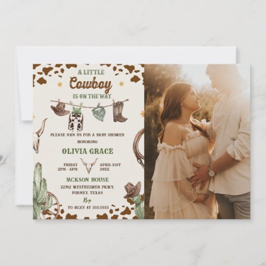 小さなカウボーイ西部の男の子の赤ちゃんシャワー写真 招待状 (正面)