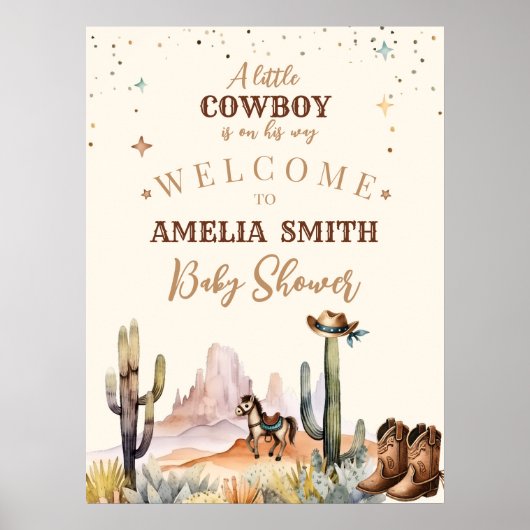 小さなカウボーイ野生の西の男の子の茶色の赤ちゃんシャワー ポスター (正面)