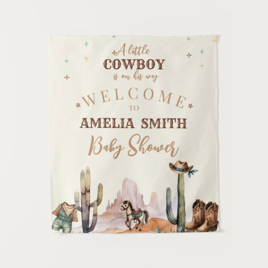 小さなカウボーイ野生の西の男の子の赤ちゃんシャワーへようこそ タペストリー (正面)