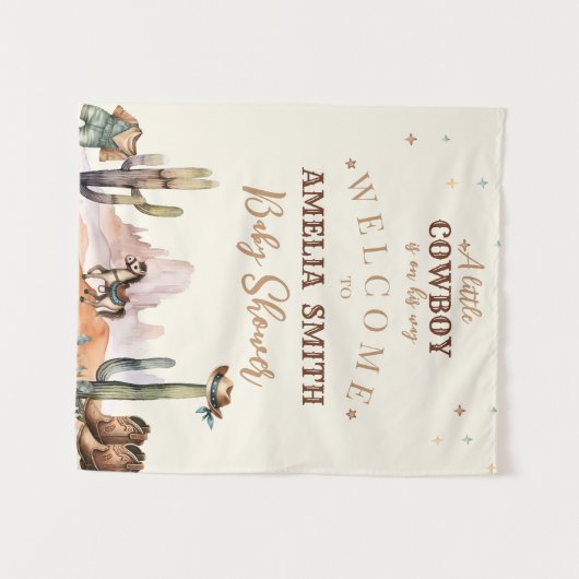 小さなカウボーイ野生の西の男の子の赤ちゃんシャワーへようこそ タペストリー (正面(横))