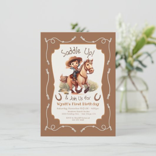 小さなカウボーイ馬の誕生日パーティーをサドル 招待状 (スタンド正面)