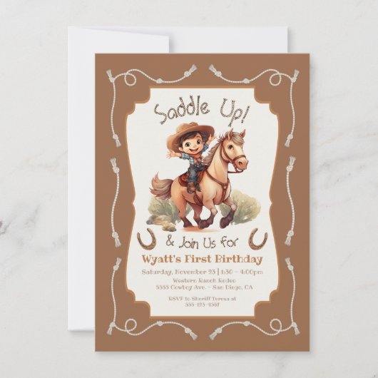 小さなカウボーイ馬の誕生日パーティーをサドル 招待状 (正面)