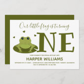 小さなカエルかわいい動物の最初の誕生日 招待状 (正面/裏面)