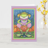 小さなカエルのホップのハロウィーンのグリーティングカードバース カード (黄色い花)