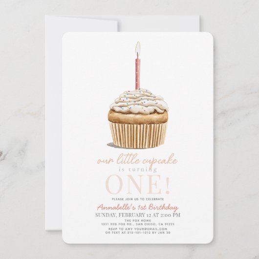 小さなカップケーキがピンクの女の子を振りかける1st誕生日 招待状 (正面)