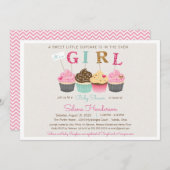 小さなカップケーキ女の子のベビーの散水やシャワー 招待状 (正面/裏面)