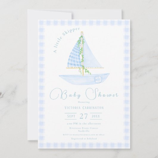 小さなカツオの青い格子状の赤モダンちゃんシャワー 招待状 (正面)