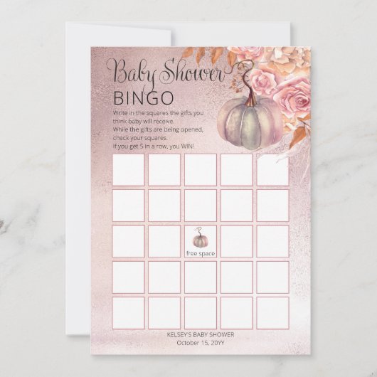 小さなカボチャがピンクのベビービンゴカードを咲かせている 招待状 (正面)
