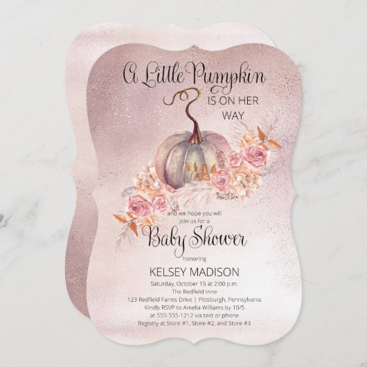 小さなカボチャがピンクの赤ちゃんシャワーを咲いている 招待状 (正面/裏面)