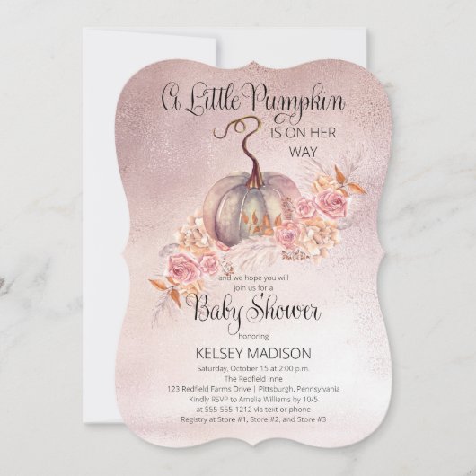 小さなカボチャがピンクの赤ちゃんシャワーを咲いている 招待状 (正面)