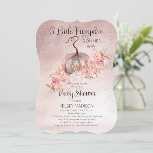 小さなカボチャがピンクの赤ちゃんシャワーを咲いている 招待状 (スタンド正面)