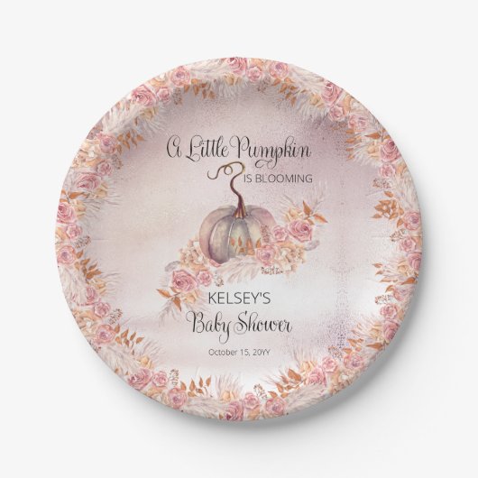 小さなカボチャがピンクの赤ちゃんシャワーパップ咲いている ペーパープレート (正面)