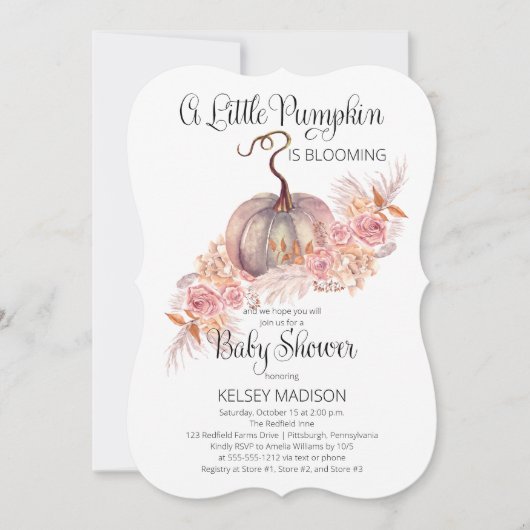 小さなカボチャがピンクの赤ちゃんシャワーInvi咲いている 招待状 (正面)