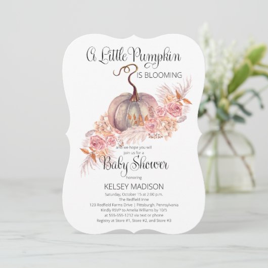 小さなカボチャがピンクの赤ちゃんシャワーInvi咲いている 招待状 (スタンド正面)