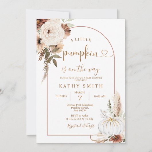 小さなカボチャがベビーシャワーの途中にある 招待状 (正面)