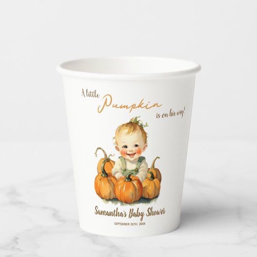 小さなカボチャが彼の道に秋の赤ちゃんシャワー 紙コップ (裏面)