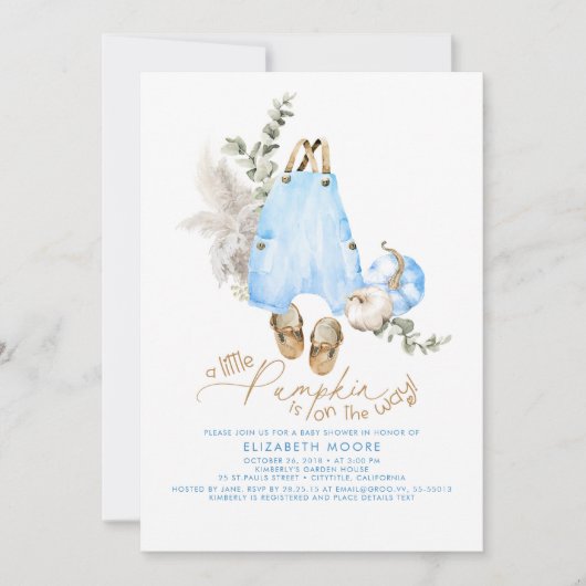 小さなカボチャが男の子の赤ちゃんシャワーの途中にある 招待状 (正面)