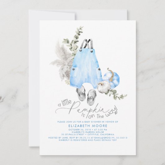 小さなカボチャが男の子の赤ちゃんシャワーの途中にある 招待状 (正面)