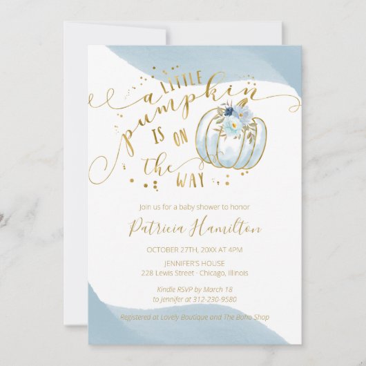 小さなカボチャが男の子の赤ちゃんシャワーの途中にある 招待状 (正面)