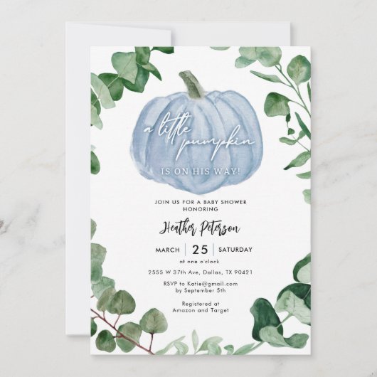 小さなカボチャが男の子の赤ちゃんシャワーを途中にある 招待状 (正面)