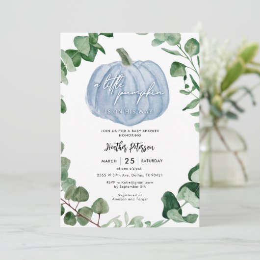 小さなカボチャが男の子の赤ちゃんシャワーを途中にある 招待状 (スタンド正面)