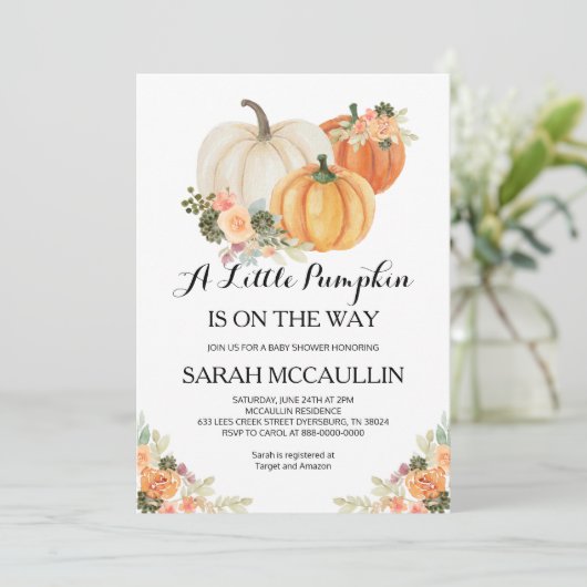 小さなカボチャが赤ちゃんのシャワーが侵入する途中にある 招待状 (スタンド正面)