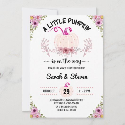 小さなカボチャが赤ちゃんの女の子シャワーの途中にある 招待状 (正面)