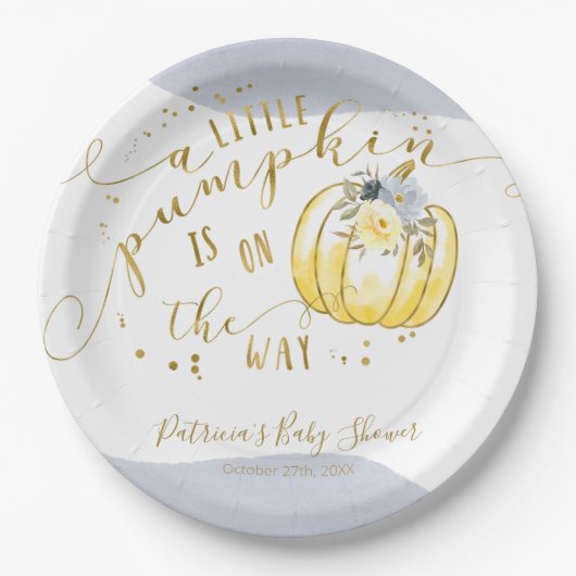 小さなカボチャが赤ちゃんシャワーのエレガント途中にある ペーパープレート (正面)