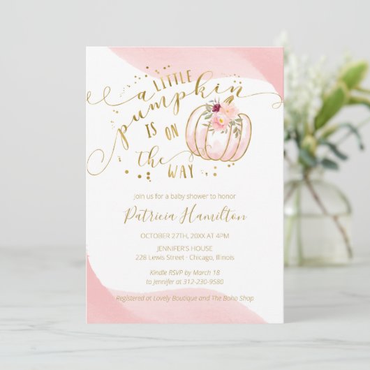 小さなカボチャが赤ちゃんシャワーのエレガント途中にある 招待状 (スタンド正面)