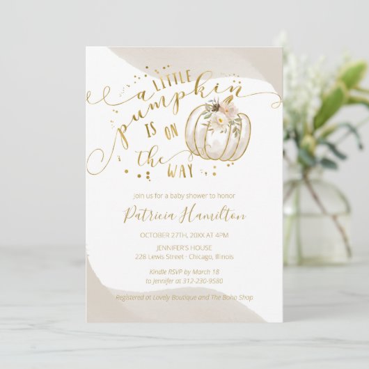 小さなカボチャが赤ちゃんシャワーのエレガント途中にある 招待状 (スタンド正面)