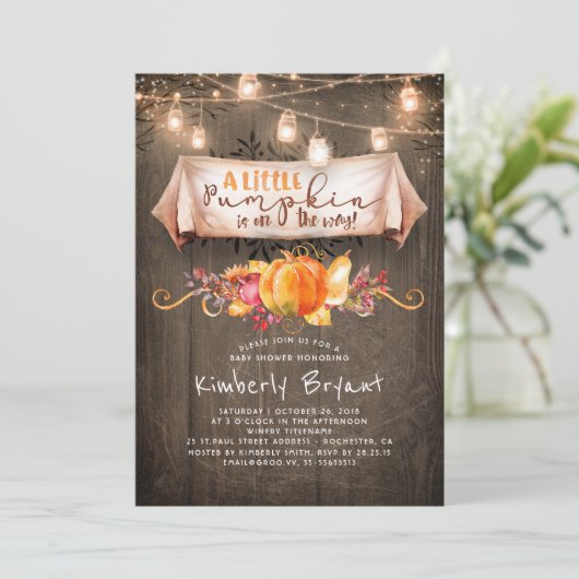 小さなカボチャが赤ちゃんシャワーの素朴途中にある 招待状 (スタンド正面)