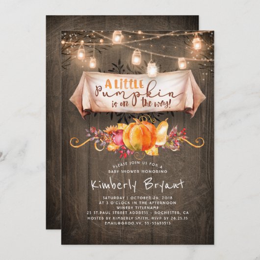 小さなカボチャが赤ちゃんシャワーの素朴途中にある 招待状 (正面/裏面)