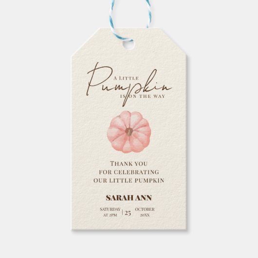 小さなカボチャが赤ちゃんシャワーの途中にある ギフトタグ (正面)