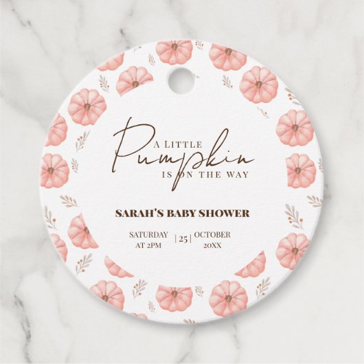 小さなカボチャが赤ちゃんシャワーの途中にある フェイバータグ (正面)