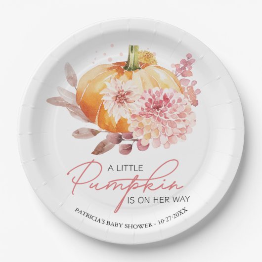 小さなカボチャが赤ちゃんシャワーの途中にある ペーパープレート (正面)
