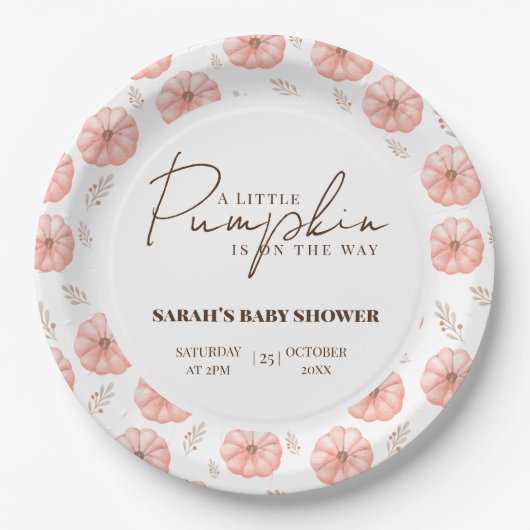 小さなカボチャが赤ちゃんシャワーの途中にある ペーパープレート (正面)